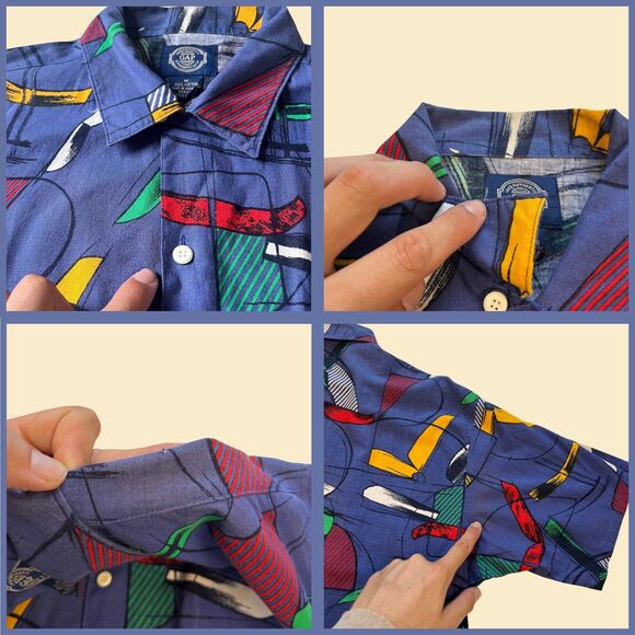 1990s abstract mens shirt, size M vintage 90s blue, red & green short sleeve top - Picture 5 of 10